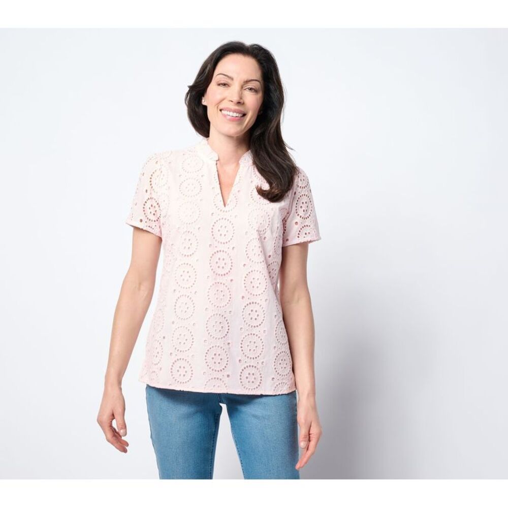 JAG jeans Women's Top Plus Sz 5X Eyelet Front Knit Back Pink A686371